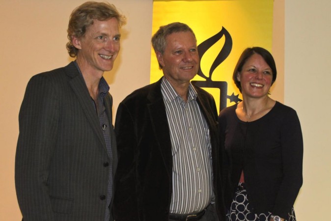 Amnesty NZ Director Grant Bayldon and Chair Helen Shorthouse with Keith Locke (middle)