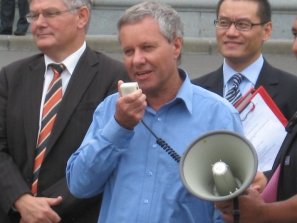 Keith speaking on the steps of Parliament