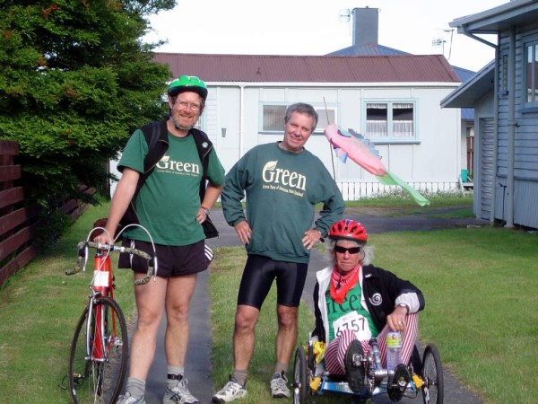 Keith with former Green MPs Rod Donald and Mike Ward for the round Taupo race